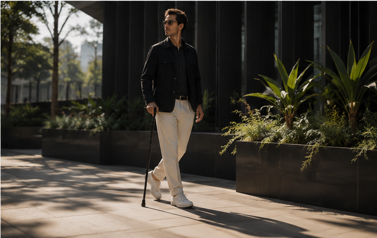 A man walking confidently through a modern architectural interior with Poise I in Black